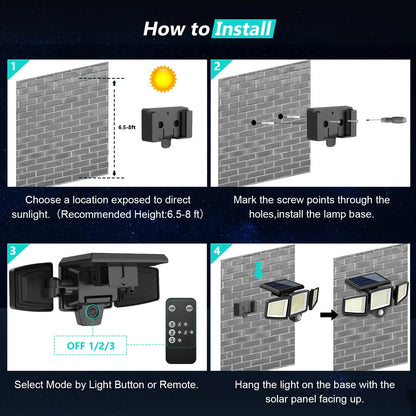 Tuffenough Solar Outdoor Security Lights, 2500LM 210LED 3-Head Dimmable Spotlights with 3 Lighting Modes, IP65 Waterproof, Ideal for Yard, Garage, Porch, Patio, Garden, Farm, Chicken Coop, Barn, Horse Stable & Pool, Perfect Father's Day Gift